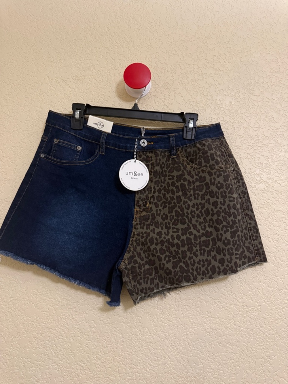 Umgee Dark Blue and Olive Leopard Denim Shorts